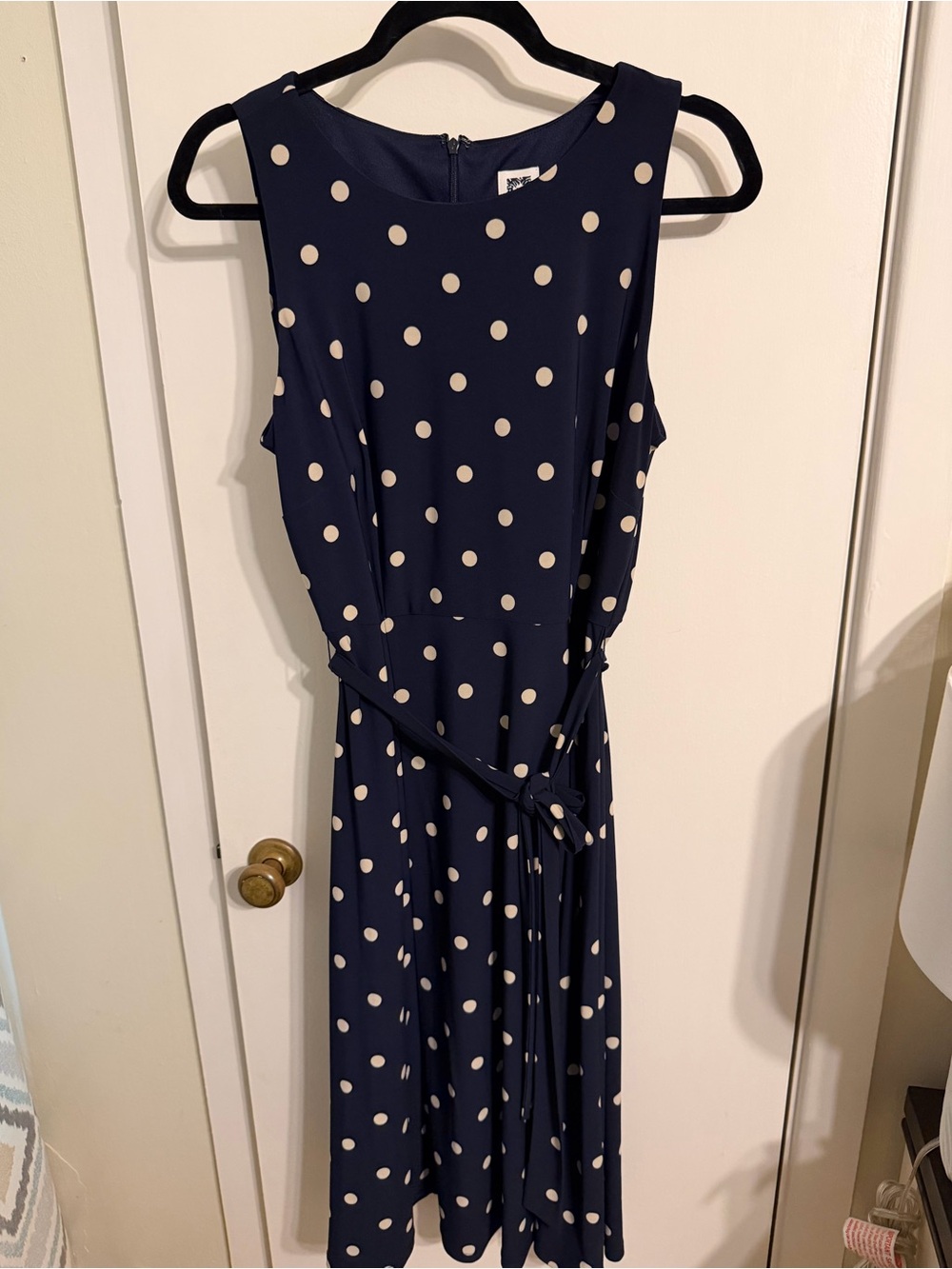 Anne Klein Navy and Cream Polka Dot Midi Dress with Tie Waist